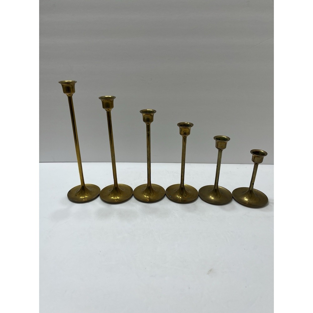 Vintage Brass Candlestick Holder Set of 6 Graduated Taiwan MCM 9-4.5" Patina